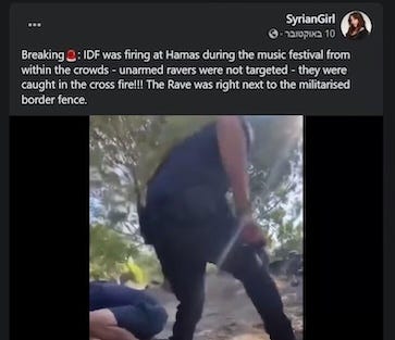 Disinformation about the Hamas terrorist attack on the Supernova music festival, killing 364 civillians and taking 40 hostages. Source: x.com.